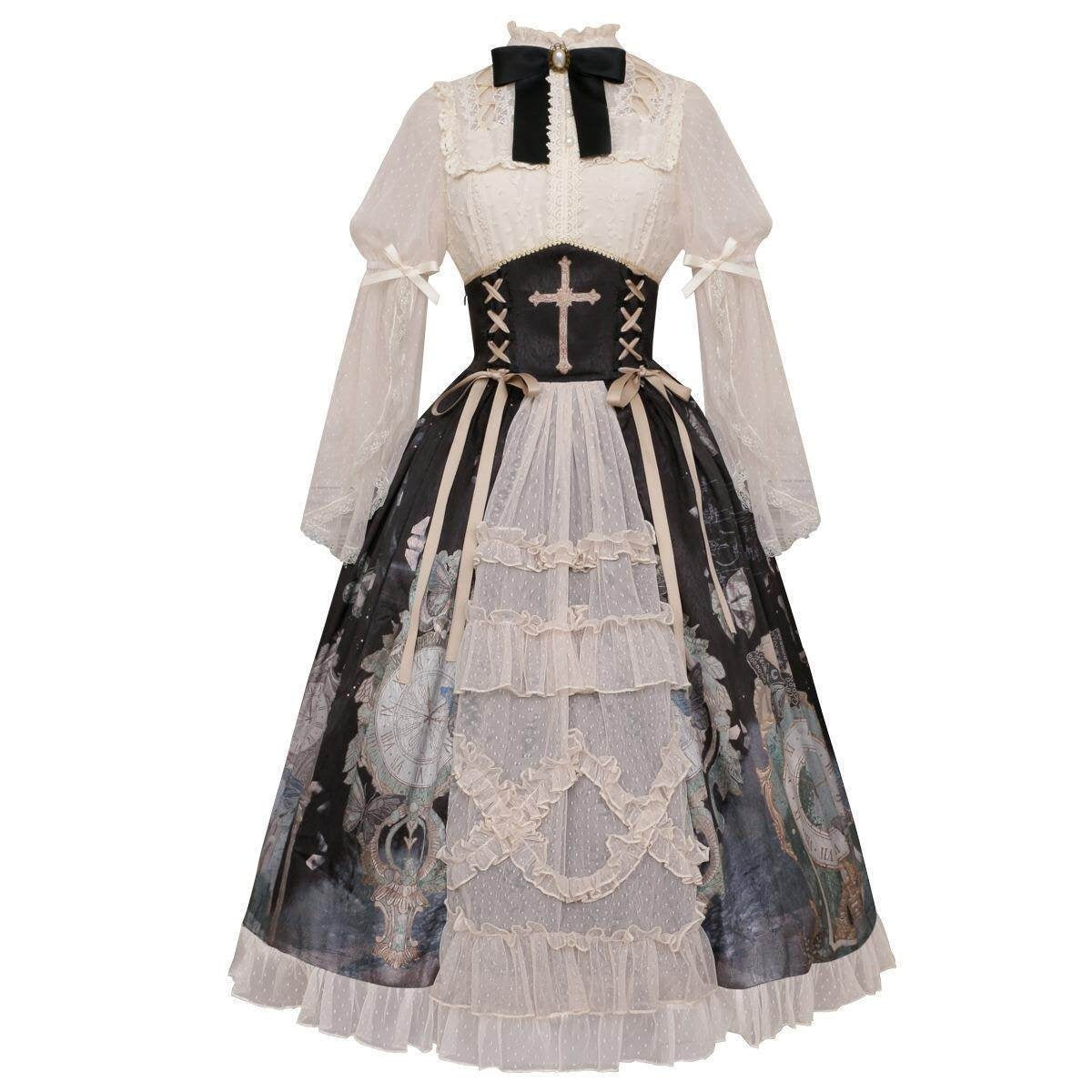 Jing_Mu_Oil_Painting_Clock_Butterfly_Print_Stand_Collar_Bell_Sleeves_Women's_Skirt_Sets_679263829379_MISSTT