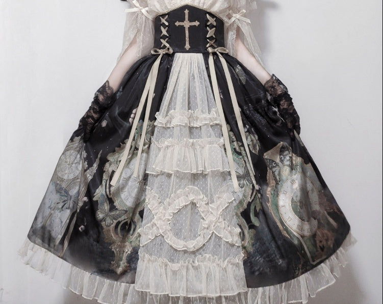 Jing_Mu_Oil_Painting_Clock_Butterfly_Print_Stand_Collar_Bell_Sleeves_Women's_Skirt_Sets_679263829379_MISSTT