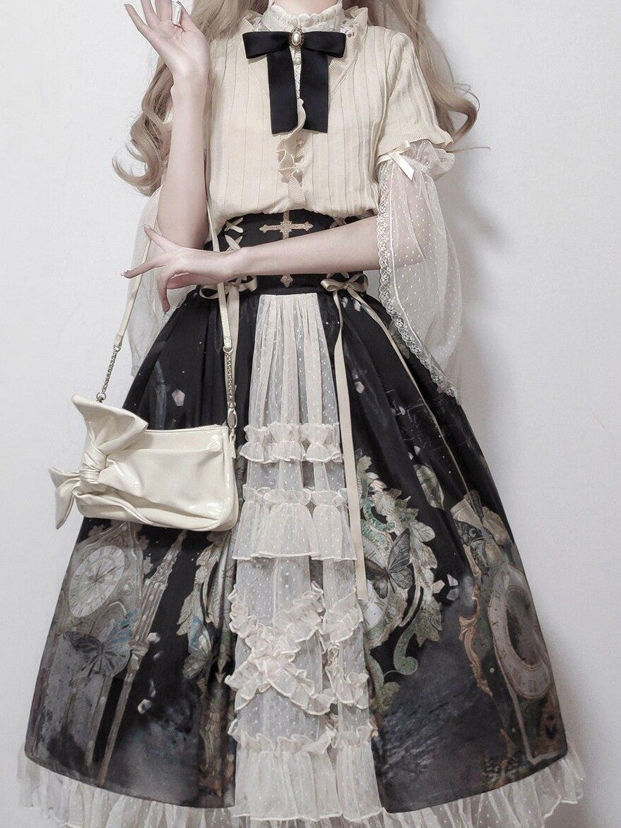 Jing Mu Oil Painting Clock Butterfly Print Stand Collar Bell Sleeves Women's Skirt Sets