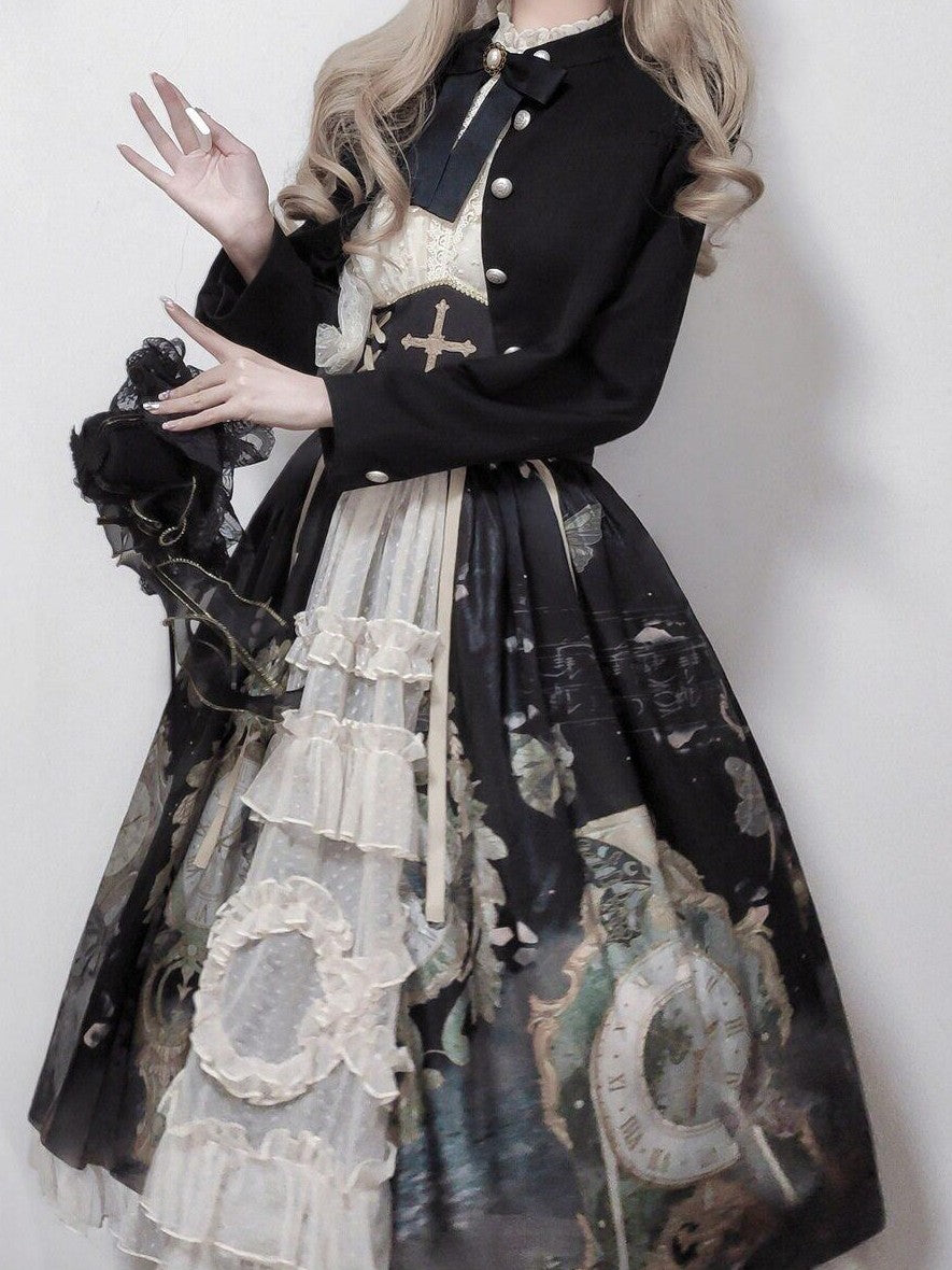 Jing Mu Oil Painting Clock Butterfly Print Stand Collar Bell Sleeves Women's Skirt Sets