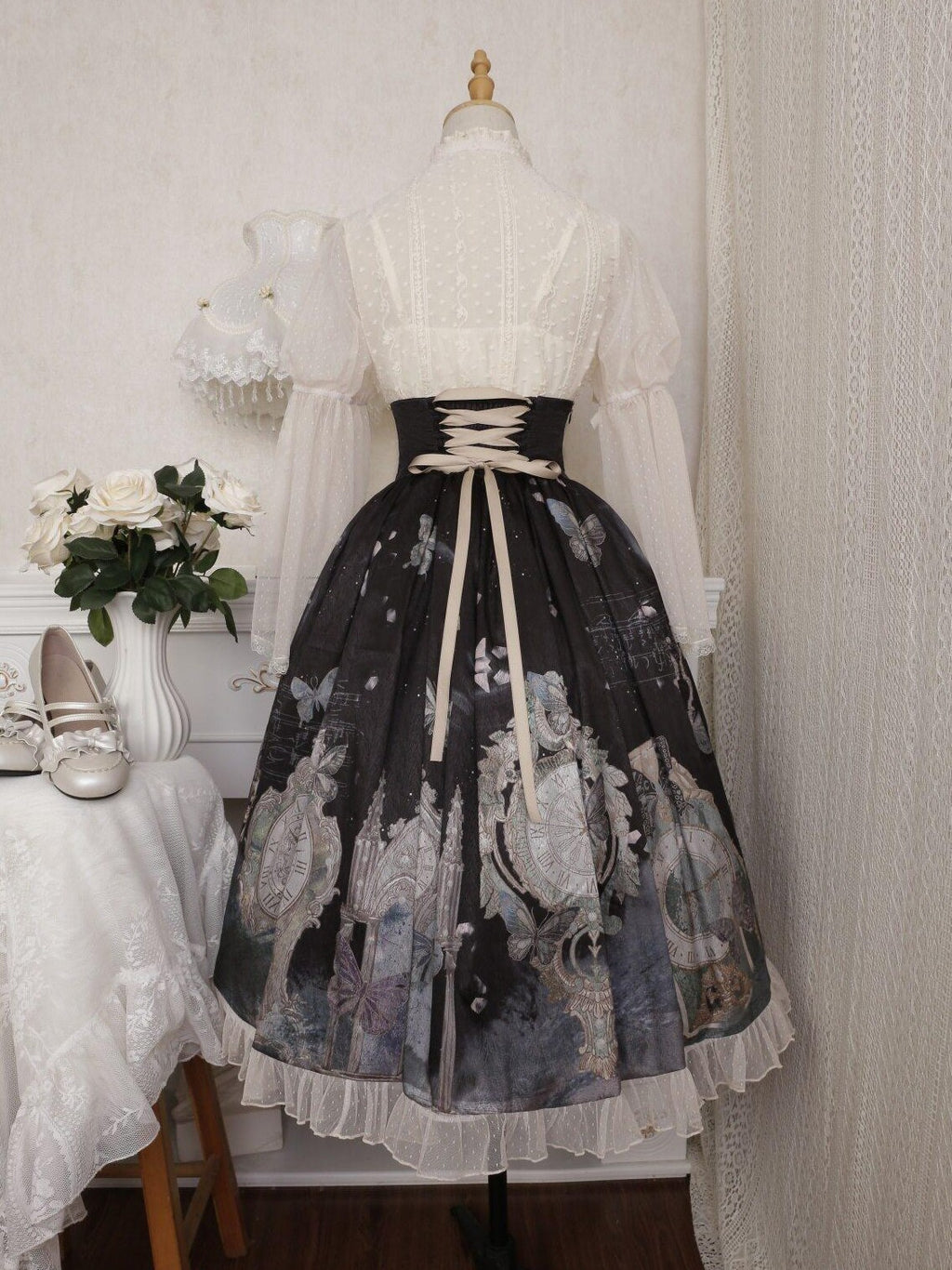 Jing Mu Oil Painting Clock Butterfly Print Stand Collar Bell Sleeves Women's Skirt Sets