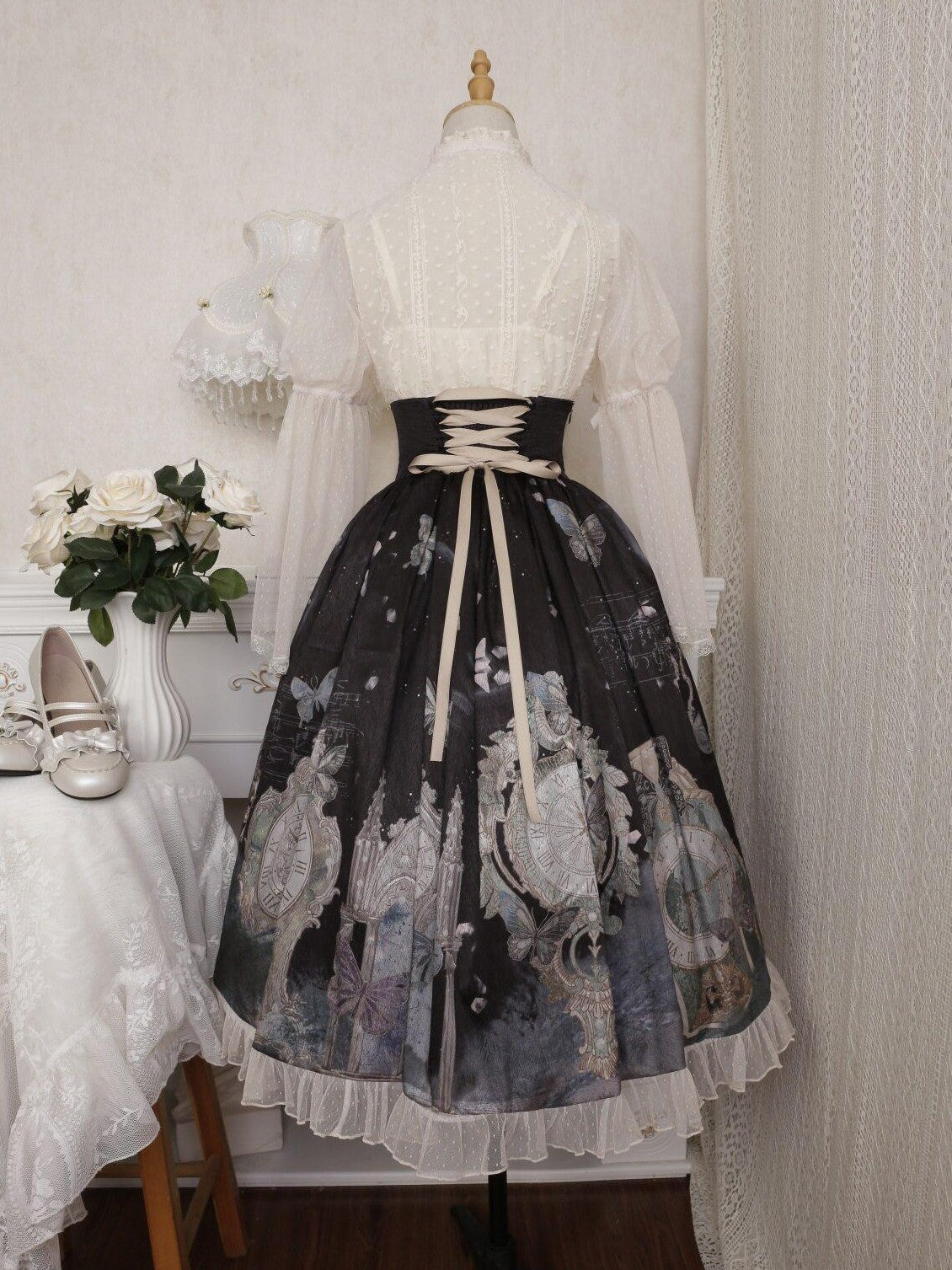 Jing Mu Oil Painting Clock Butterfly Print Stand Collar Bell Sleeves Women's Skirt Sets
