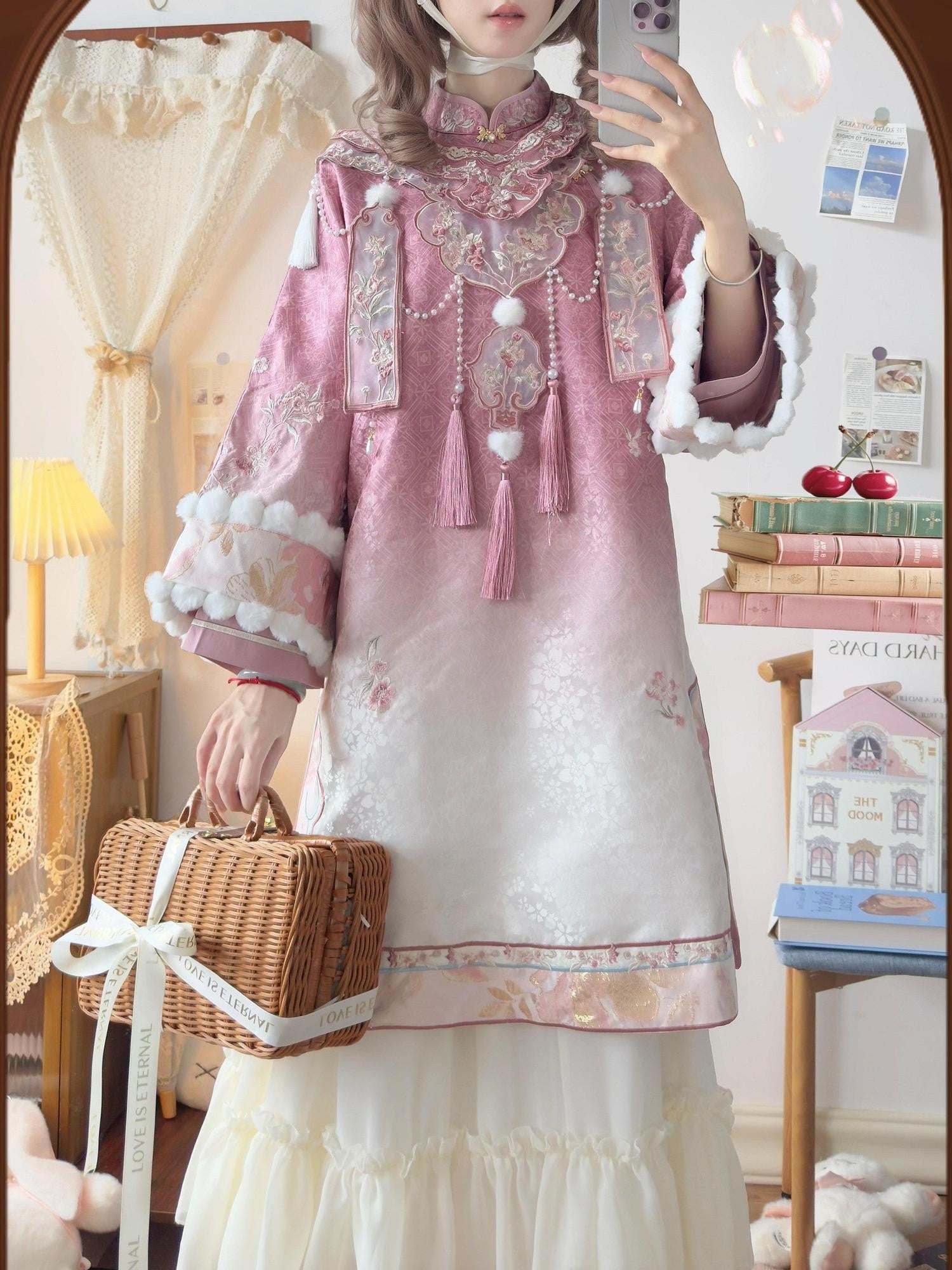 Jing Mu Peach Mist Pink Han Yang Fusion Qipao And Skirt Cloud Shoulder Women's Op Sets