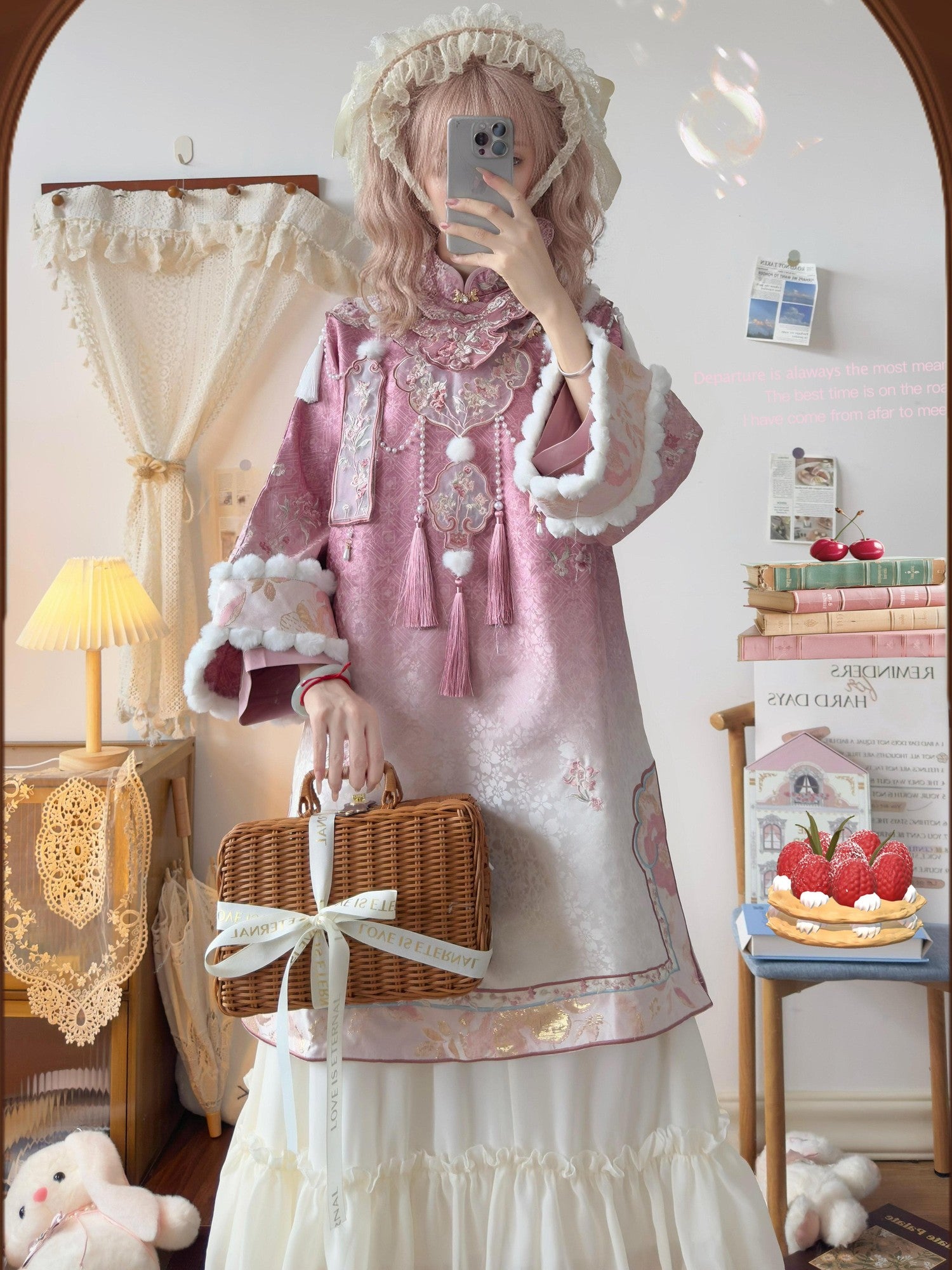 Jing Mu Peach Mist Pink Han Yang Fusion Qipao And Skirt Cloud Shoulder Women's Op Sets