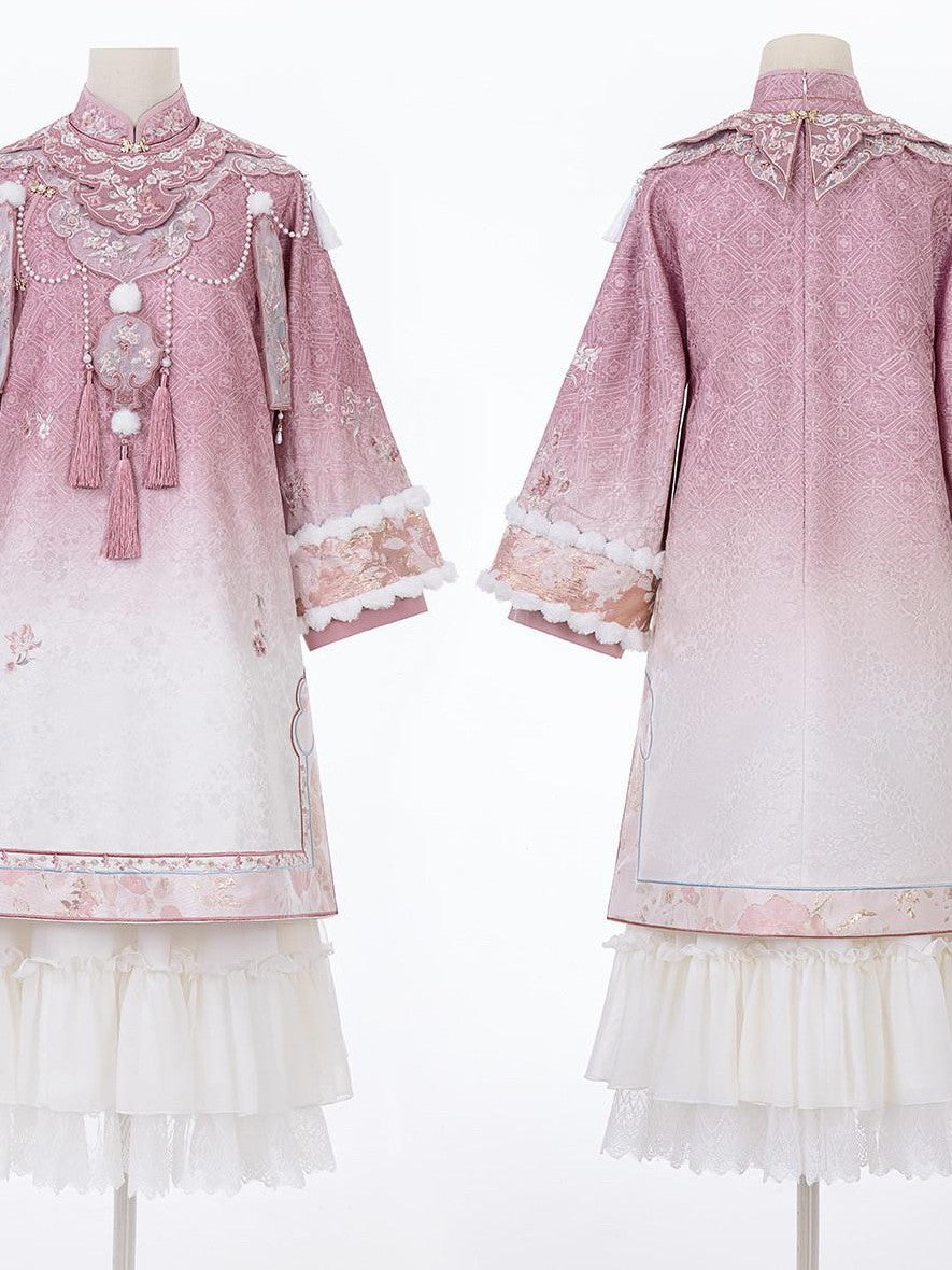 Jing Mu Peach Mist Pink Han Yang Fusion Qipao And Skirt Cloud Shoulder Women's Op Sets