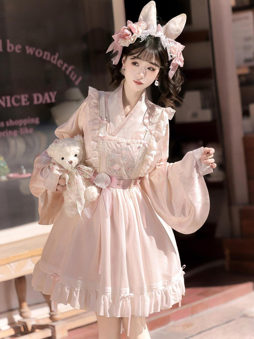 Jing Mu Peach Pink Overlay Puff Skirt Cross Collar Chinese Lolita Women's Long Sleeve Op