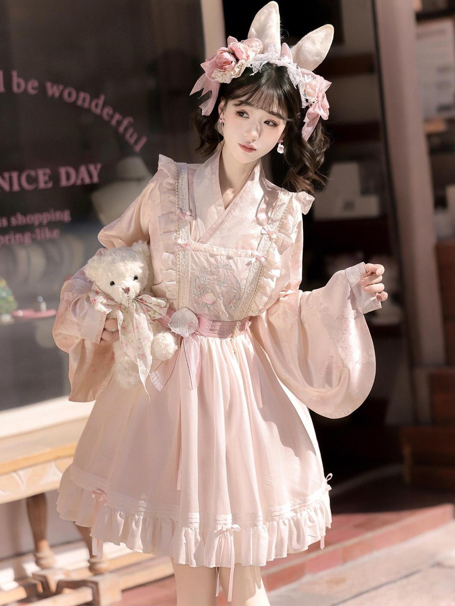 Jing Mu Peach Pink Overlay Puff Skirt Cross Collar Chinese Lolita Women's Long Sleeve Op