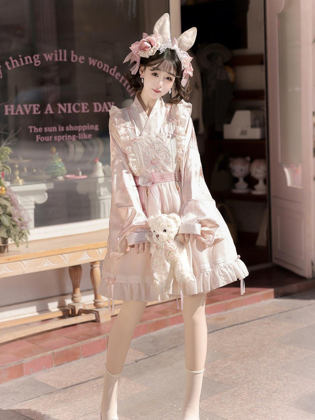 Jing Mu Peach Pink Overlay Puff Skirt Cross Collar Chinese Lolita Women's Long Sleeve Op