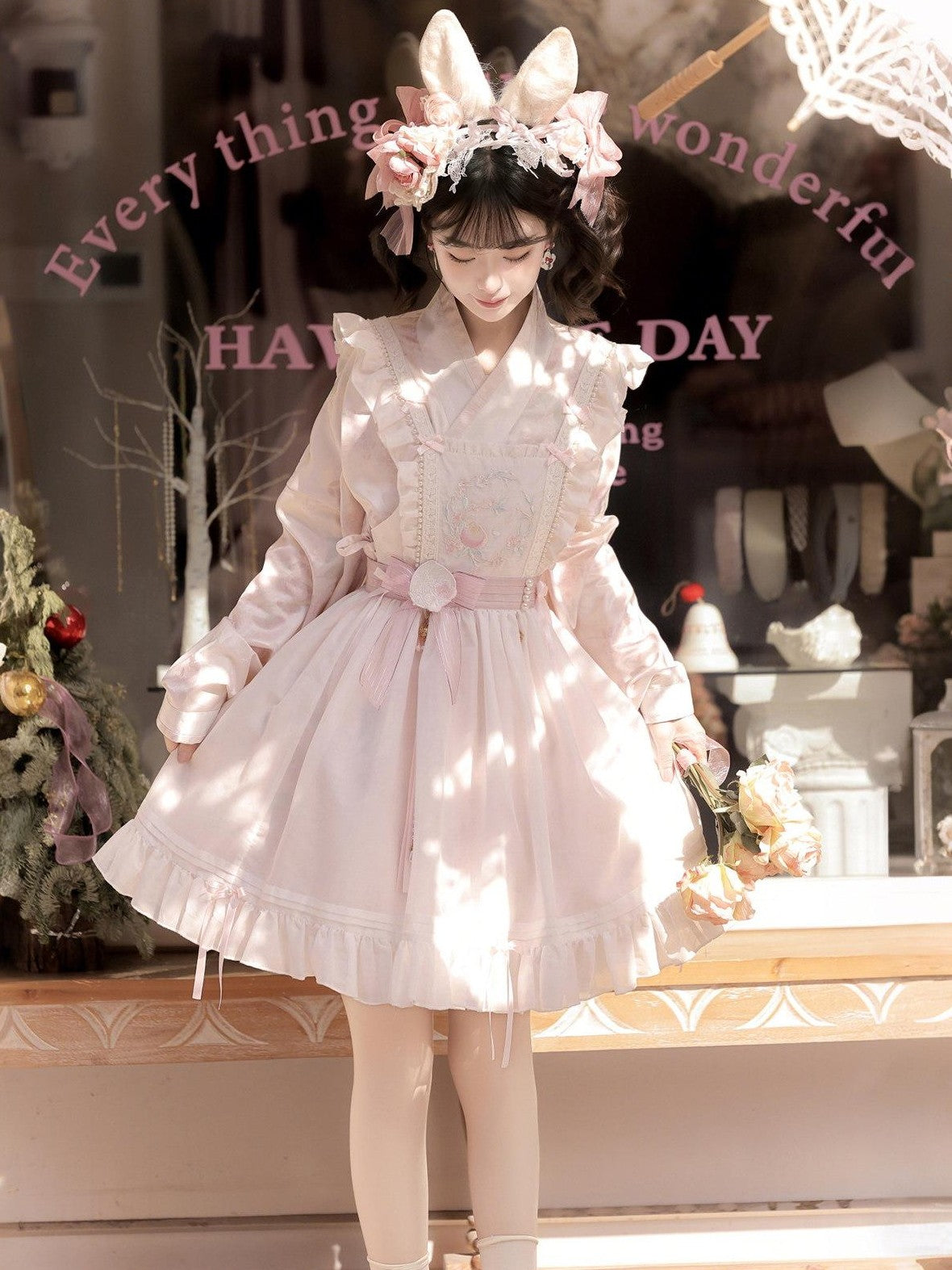 Jing Mu Peach Pink Overlay Puff Skirt Cross Collar Chinese Lolita Women's Long Sleeve Op