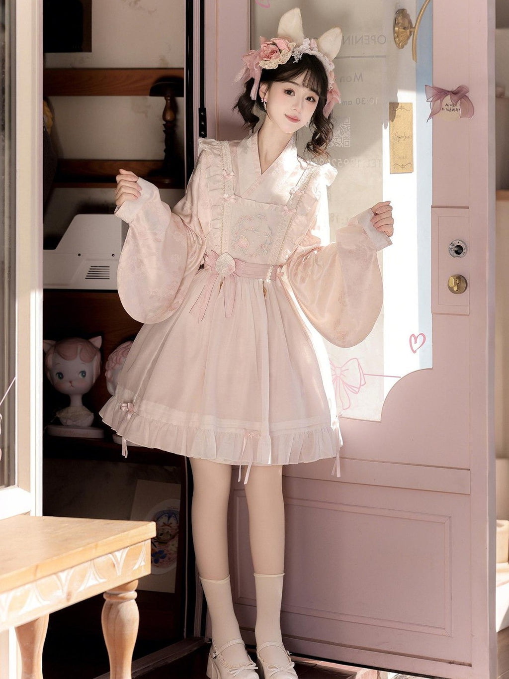 Jing Mu Peach Pink Overlay Puff Skirt Cross Collar Chinese Lolita Women's Long Sleeve Op