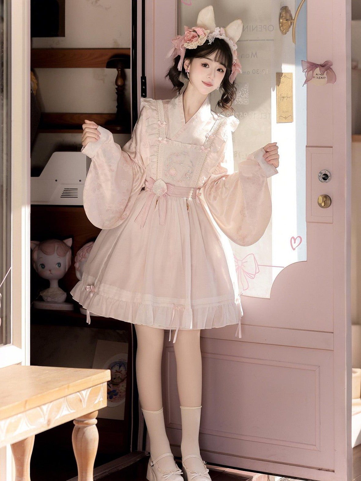 Jing Mu Peach Pink Overlay Puff Skirt Cross Collar Chinese Lolita Women's Long Sleeve Op