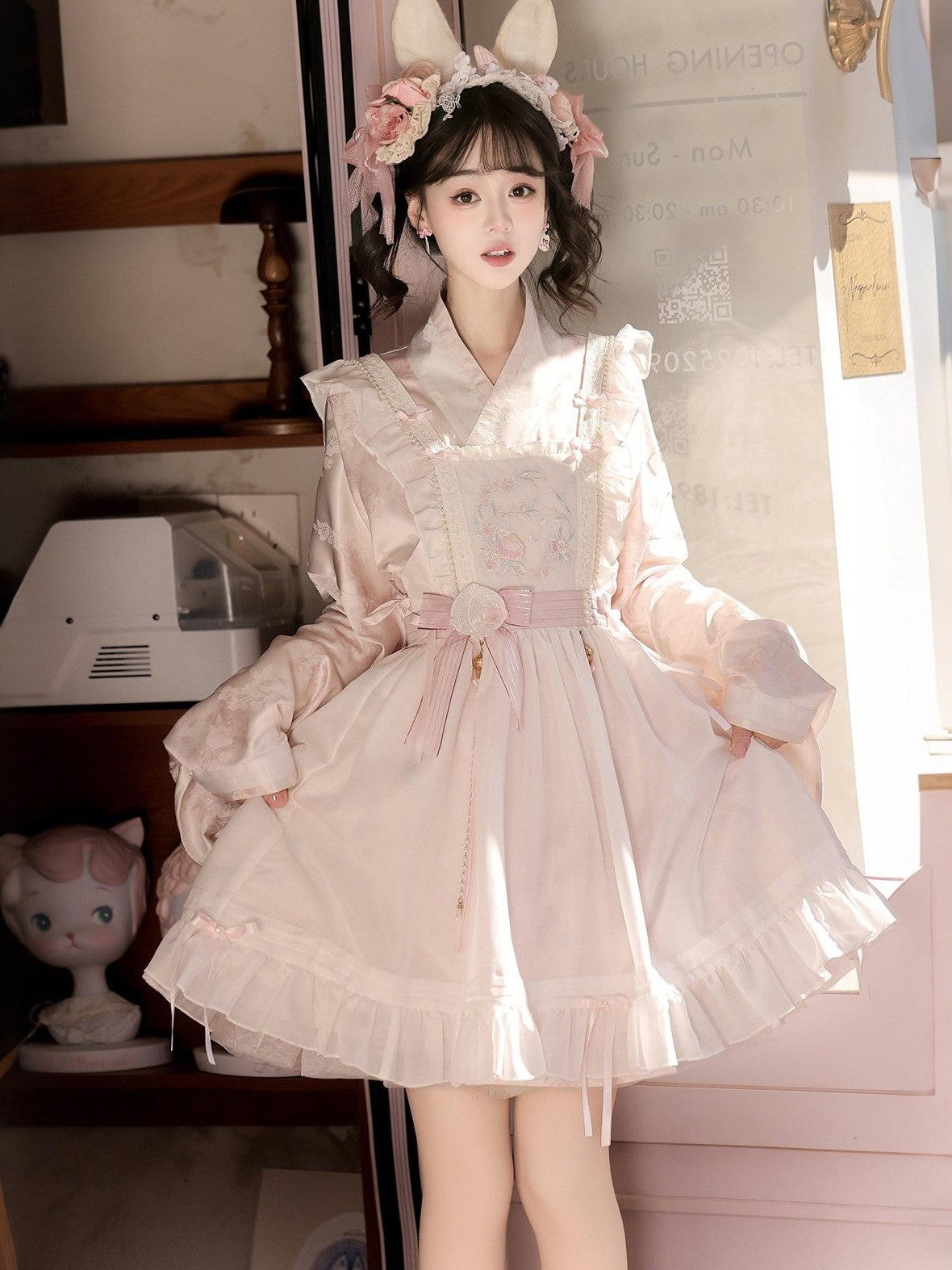 Jing Mu Peach Pink Overlay Puff Skirt Cross Collar Chinese Lolita Women's Long Sleeve Op