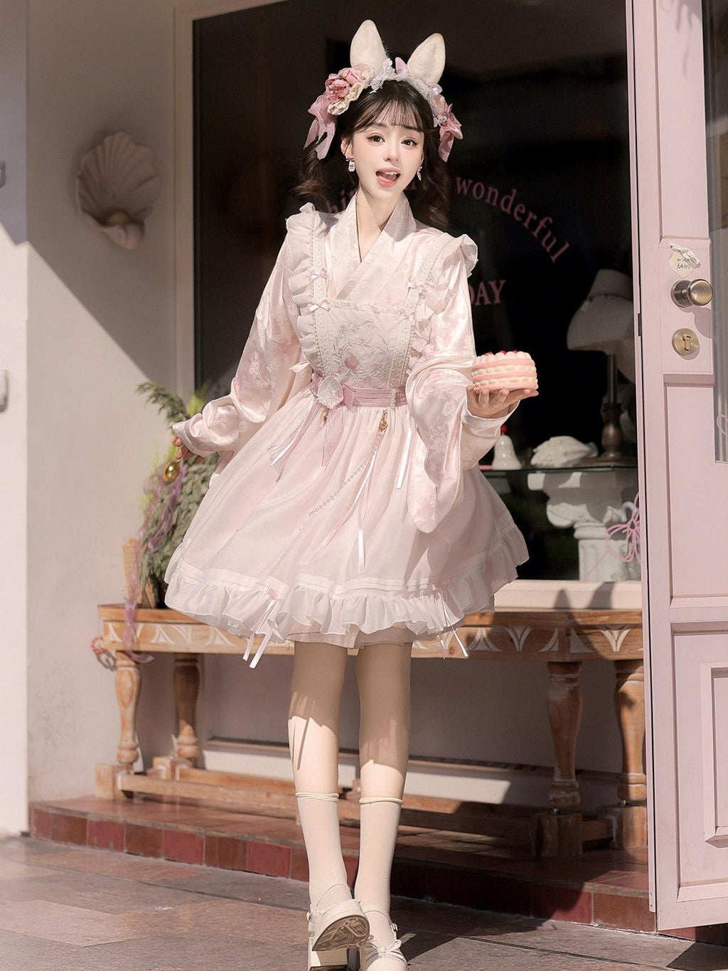 Jing Mu Peach Pink Overlay Puff Skirt Cross Collar Chinese Lolita Women's Long Sleeve Op