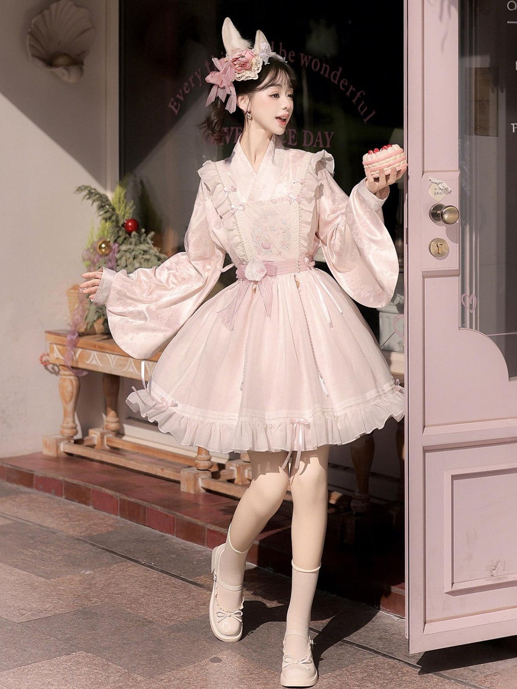 Jing Mu Peach Pink Overlay Puff Skirt Cross Collar Chinese Lolita Women's Long Sleeve Op