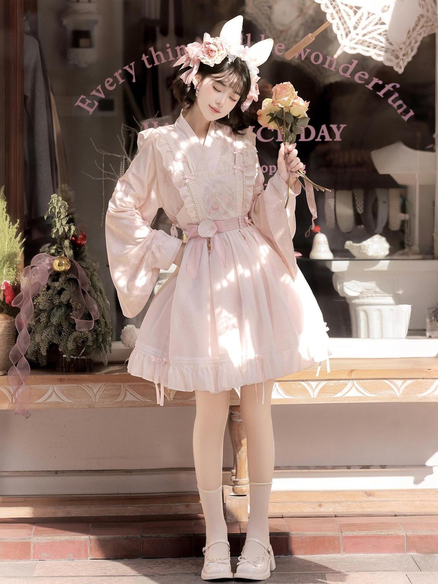 Jing Mu Peach Pink Overlay Puff Skirt Cross Collar Chinese Lolita Women's Long Sleeve Op