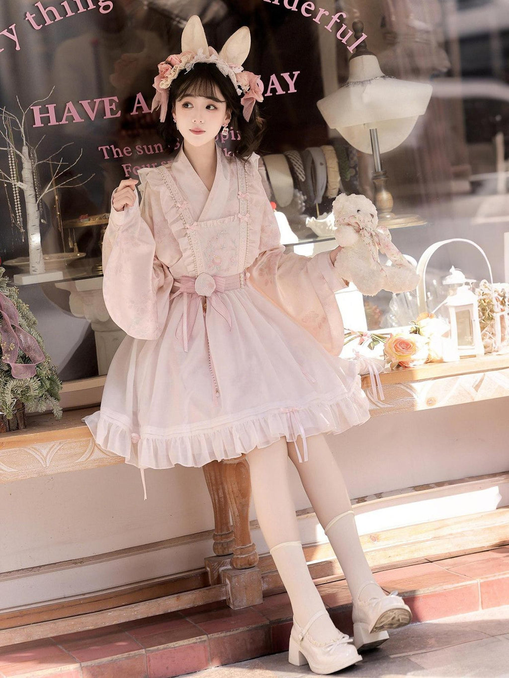 Jing Mu Peach Pink Overlay Puff Skirt Cross Collar Chinese Lolita Women's Long Sleeve Op