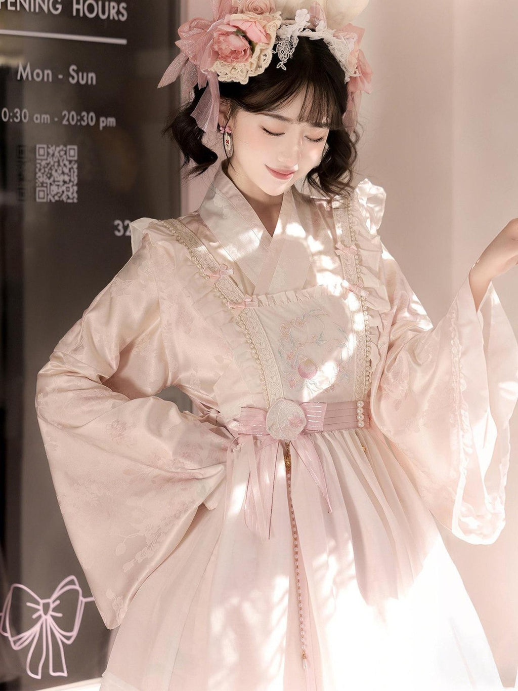 Jing Mu Peach Pink Overlay Puff Skirt Cross Collar Chinese Lolita Women's Long Sleeve Op