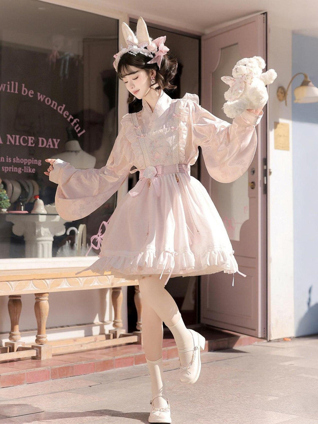 Jing Mu Peach Pink Overlay Puff Skirt Cross Collar Chinese Lolita Women's Long Sleeve Op