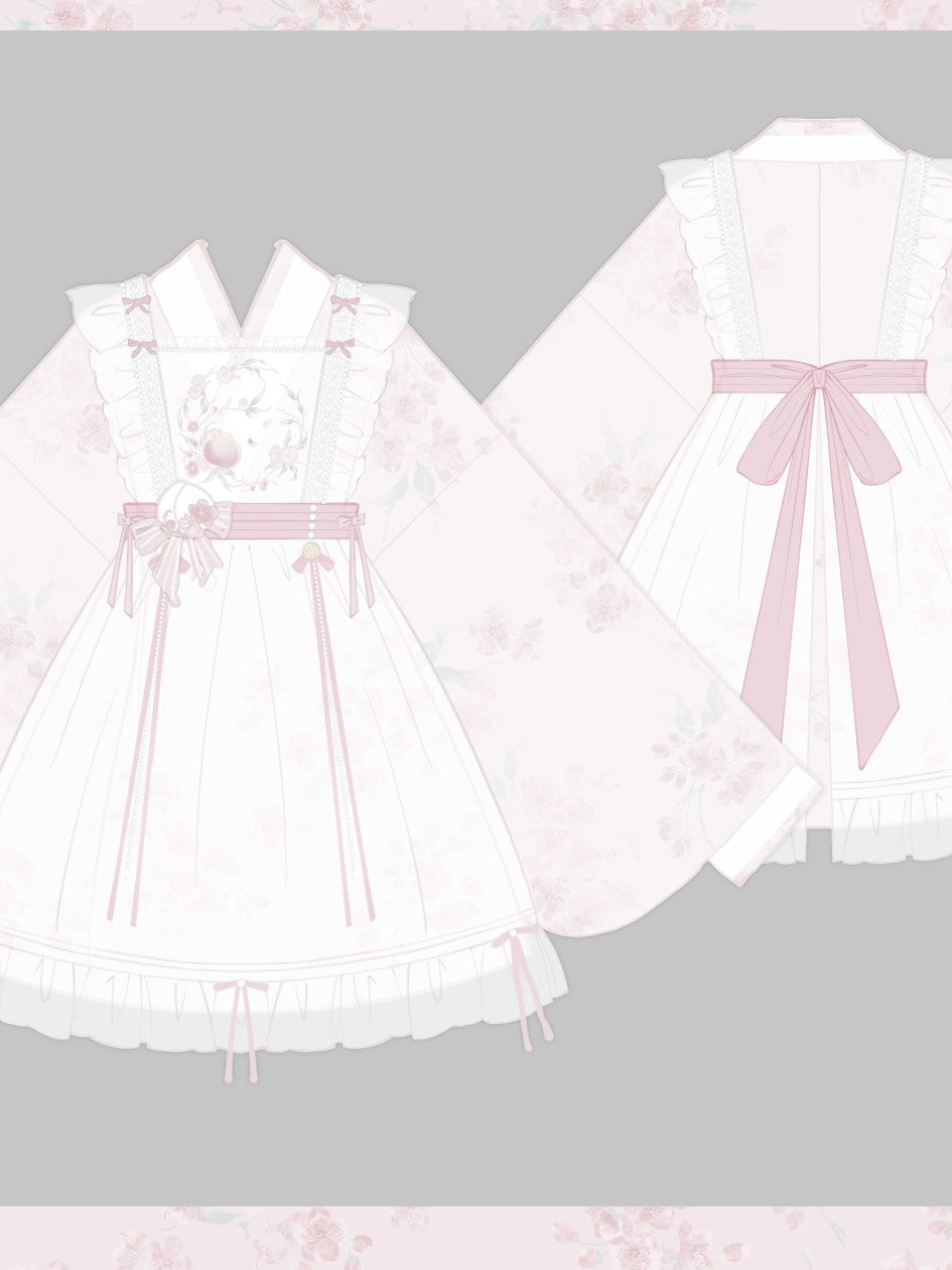 Jing Mu Peach Pink Overlay Puff Skirt Cross Collar Chinese Lolita Women's Long Sleeve Op