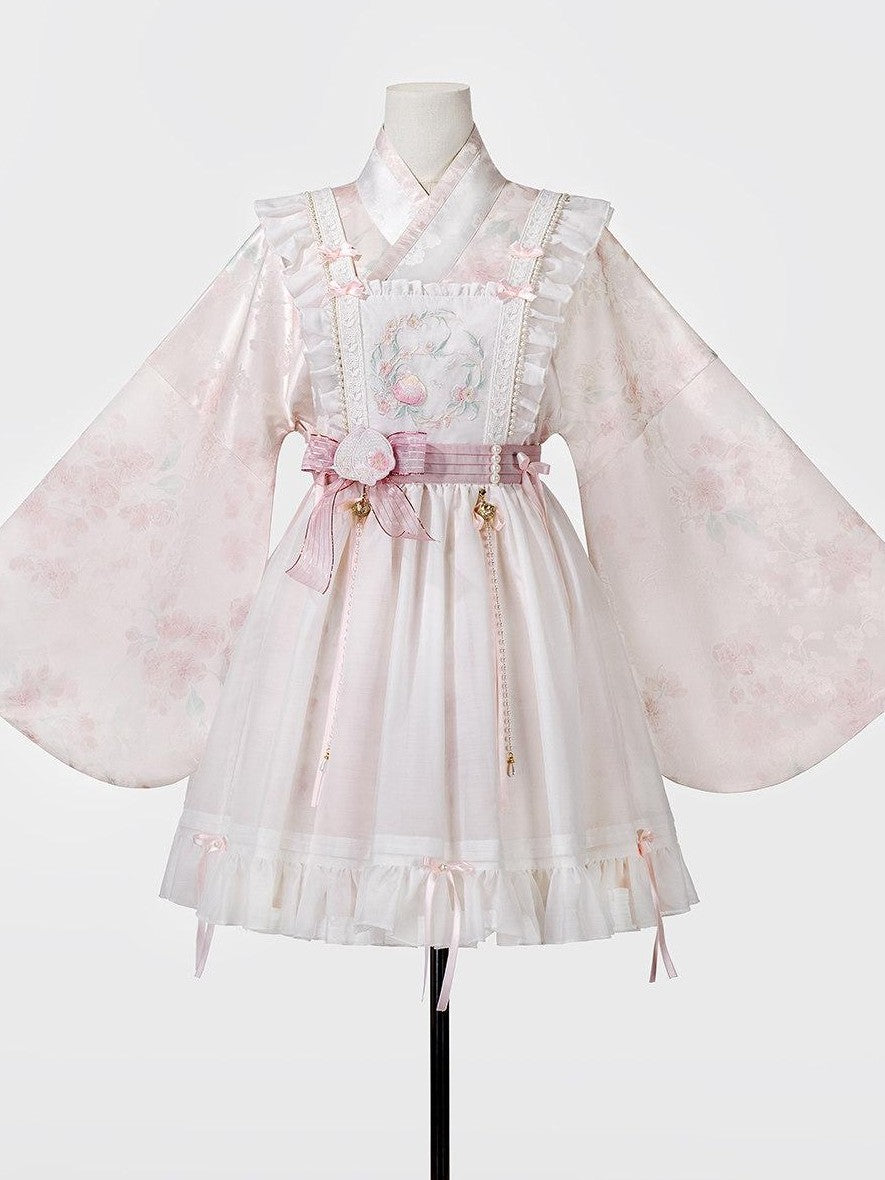 Jing Mu Peach Pink Overlay Puff Skirt Cross Collar Chinese Lolita Women's Long Sleeve Op