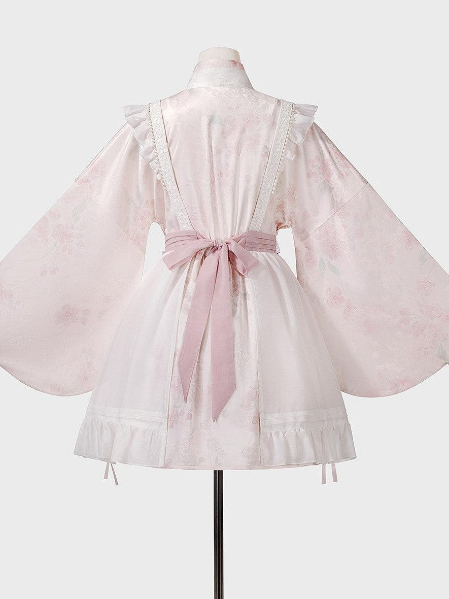 Jing Mu Peach Pink Overlay Puff Skirt Cross Collar Chinese Lolita Women's Long Sleeve Op