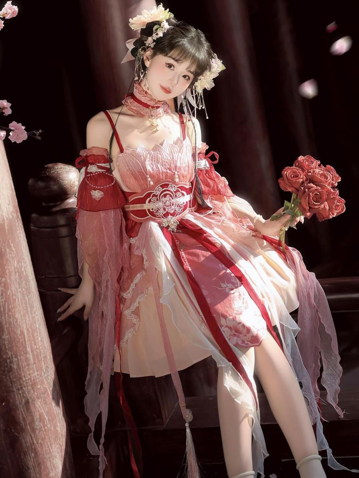 Jing Mu Pink Chinese Lolita Feather Sleeve Waist Sash Women's Jsk / Jumper Skirts