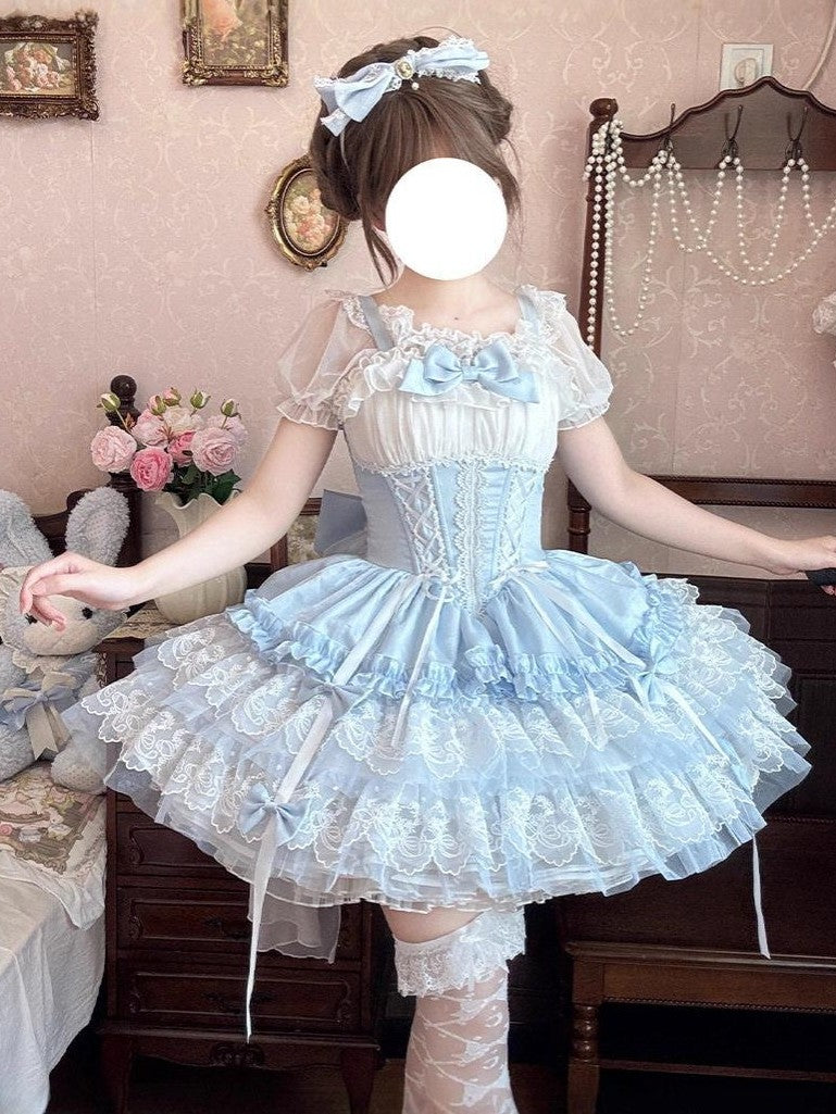 Jing Mu Pink Dog Print Ballet Train Lolita Short Women's Tulle Jsk / Jumper Skirts