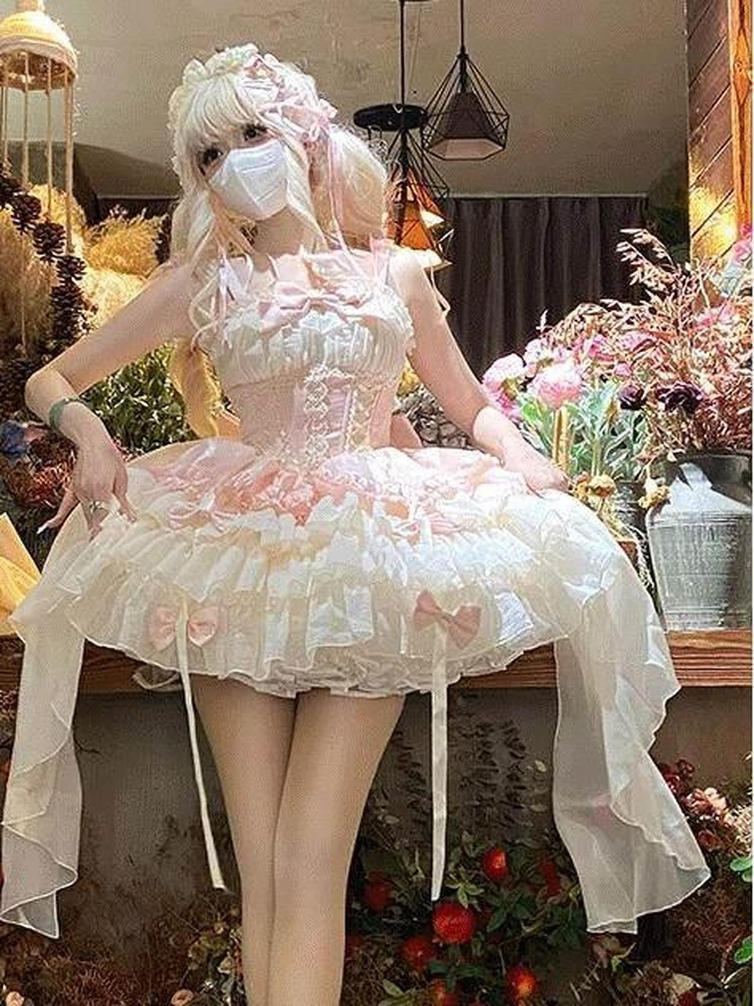 Jing Mu Pink Dog Print Ballet Train Lolita Short Women's Tulle Jsk / Jumper Skirts