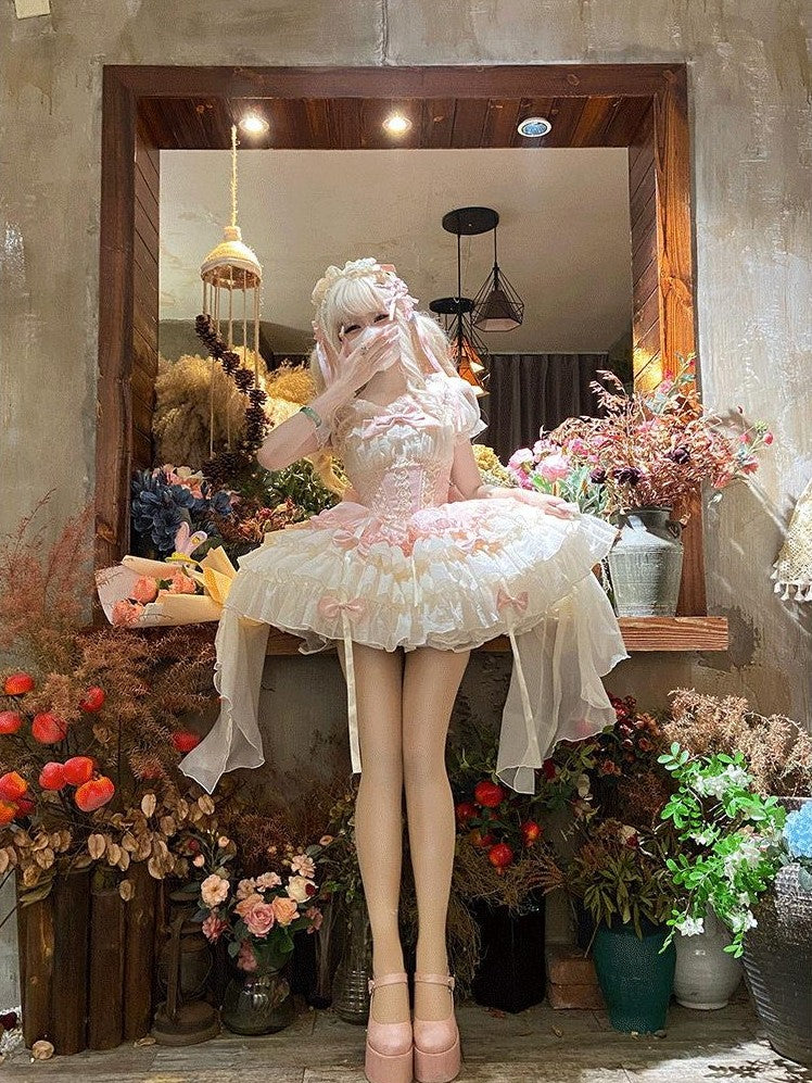 Jing Mu Pink Dog Print Ballet Train Lolita Short Women's Tulle Jsk / Jumper Skirts