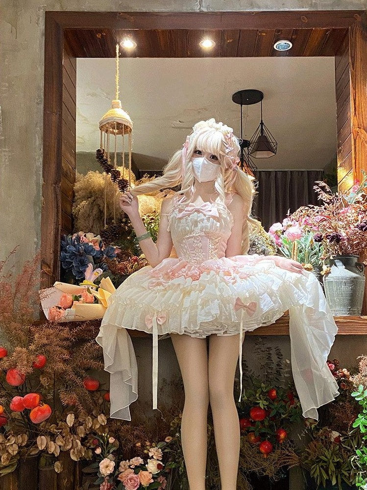 Jing Mu Pink Dog Print Ballet Train Lolita Short Women's Tulle Jsk / Jumper Skirts