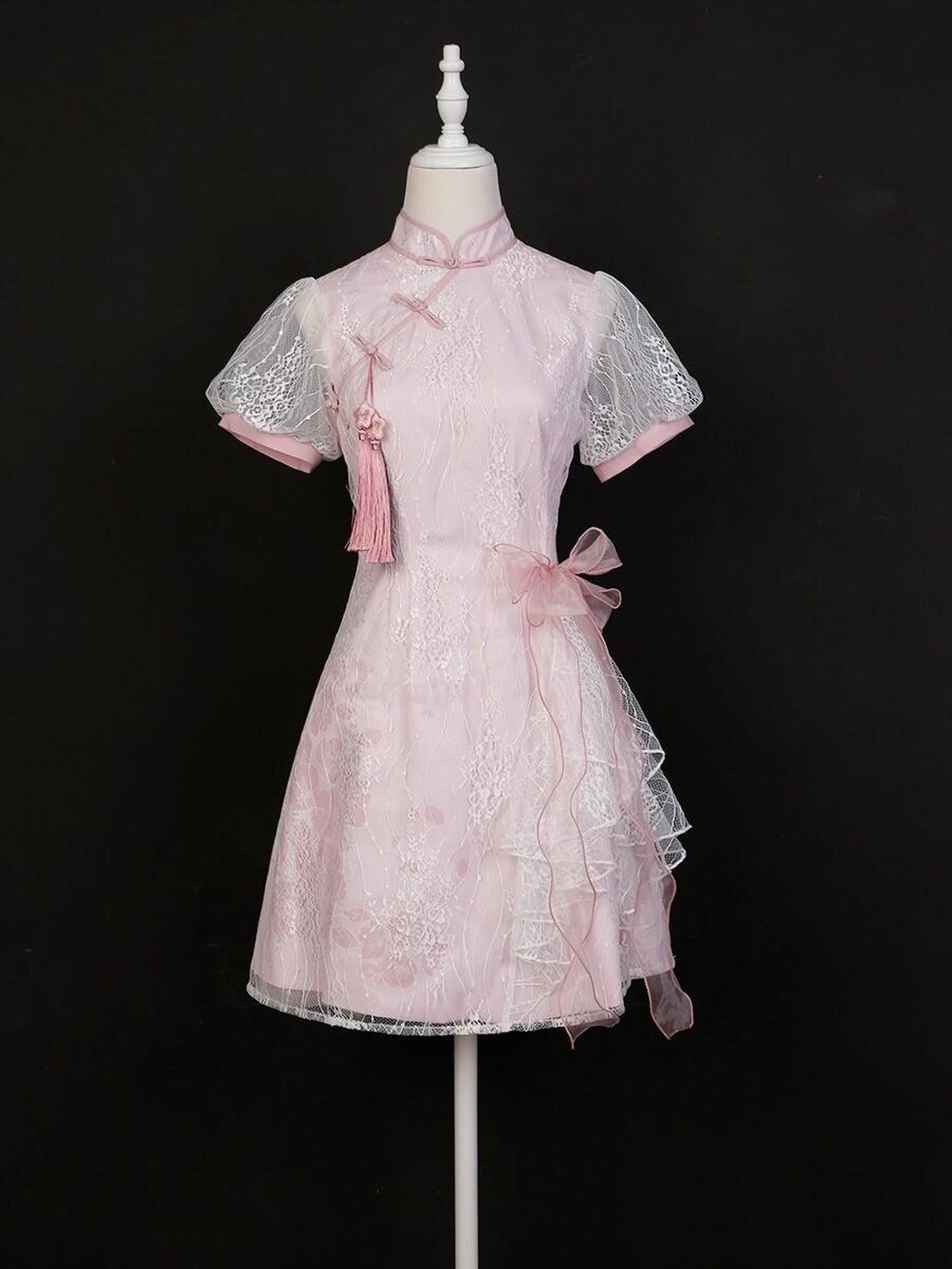 Jing Mu Pink Lace Bow Cross Collar Short Qipao Women's Triacetate Short Sleeve Op