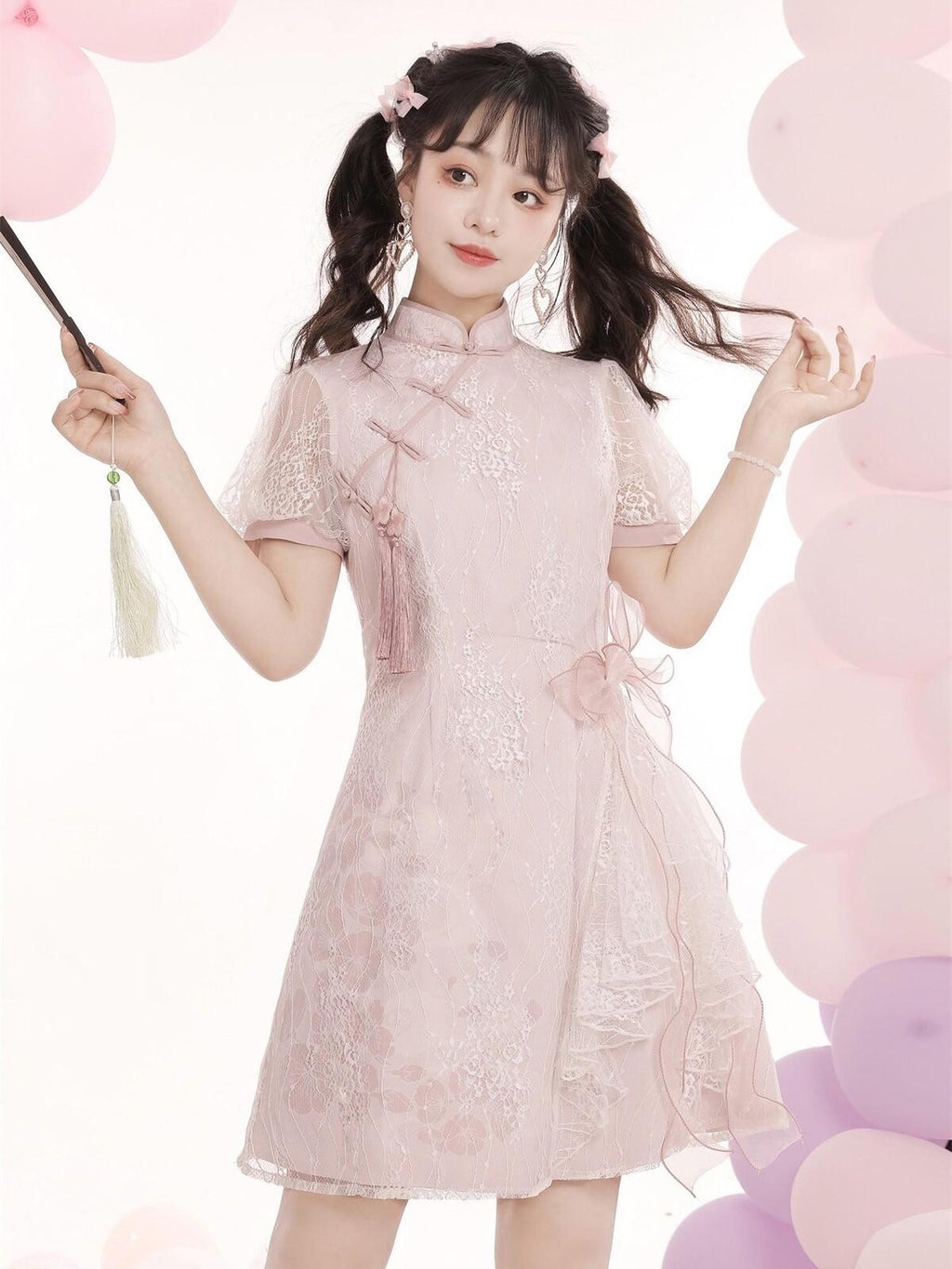 Jing Mu Pink Lace Bow Cross Collar Short Qipao Women's Triacetate Short Sleeve Op