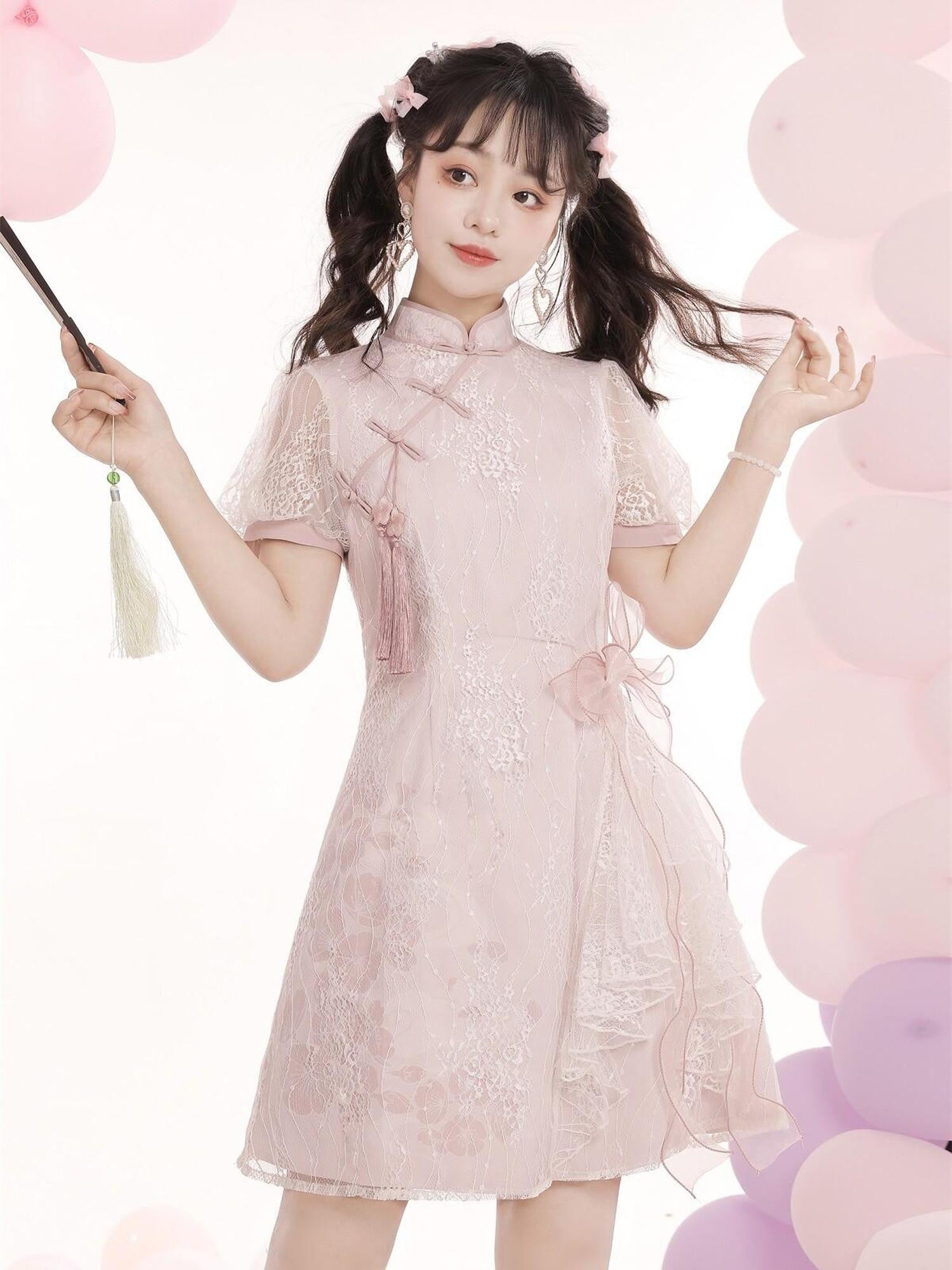 Jing Mu Pink Lace Bow Cross Collar Short Qipao Women's Triacetate Short Sleeve Op