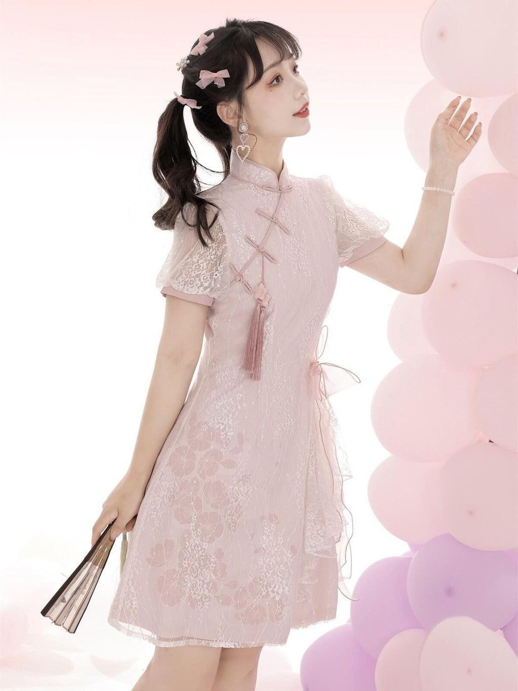 Jing Mu Pink Lace Bow Cross Collar Short Qipao Women's Triacetate Short Sleeve Op