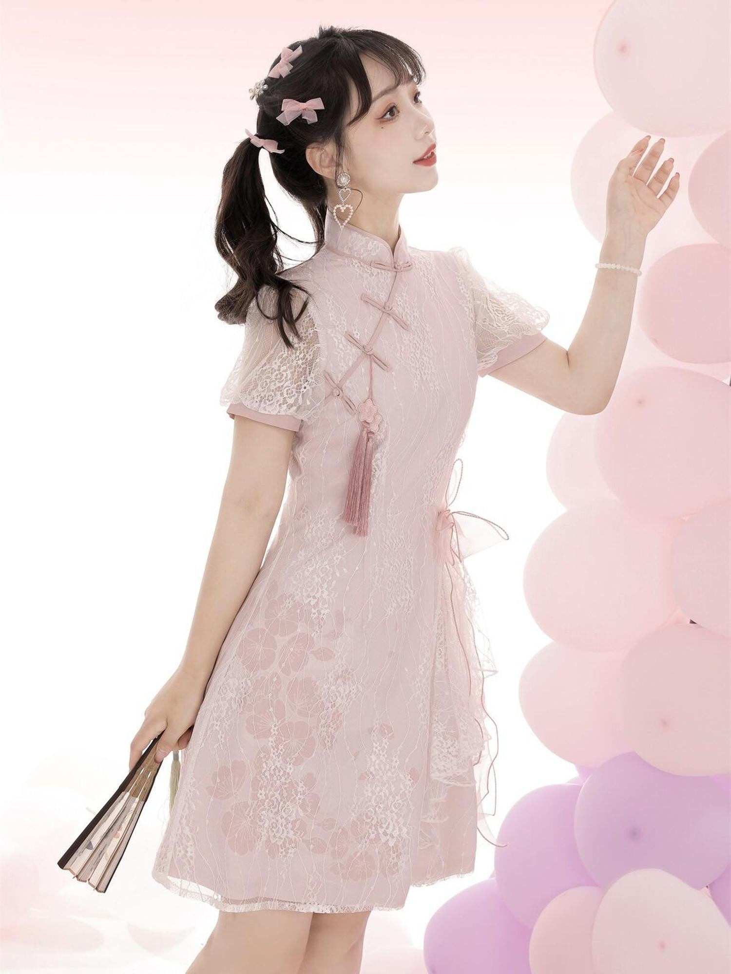 Jing Mu Pink Lace Bow Cross Collar Short Qipao Women's Triacetate Short Sleeve Op