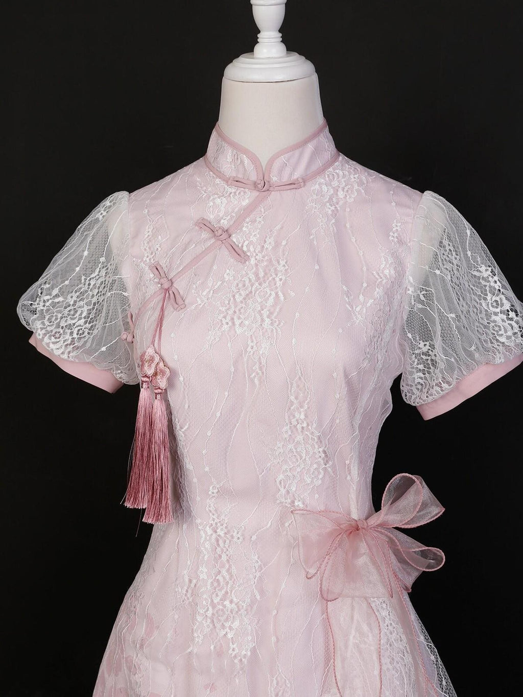 Jing Mu Pink Lace Bow Cross Collar Short Qipao Women's Triacetate Short Sleeve Op