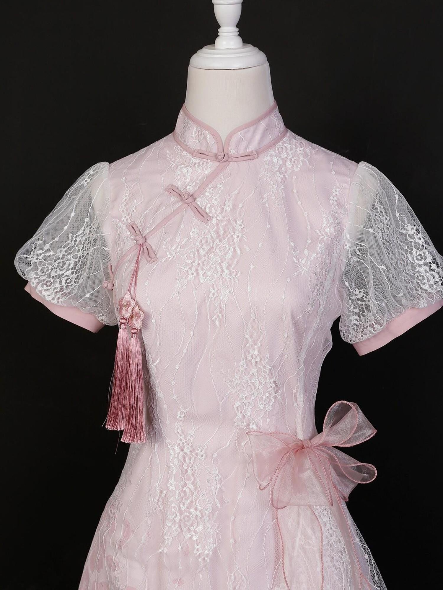 Jing Mu Pink Lace Bow Cross Collar Short Qipao Women's Triacetate Short Sleeve Op
