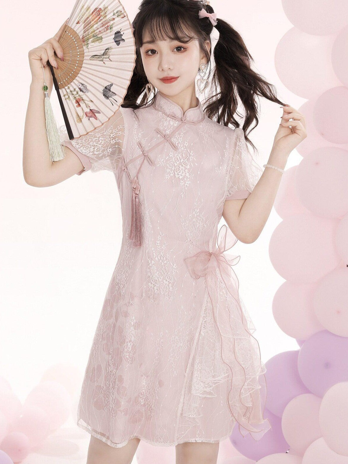 Jing Mu Pink Lace Bow Cross Collar Short Qipao Women's Triacetate Short Sleeve Op