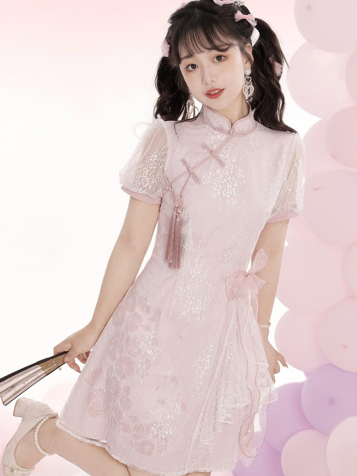 Jing Mu Pink Lace Bow Cross Collar Short Qipao Women's Triacetate Short Sleeve Op