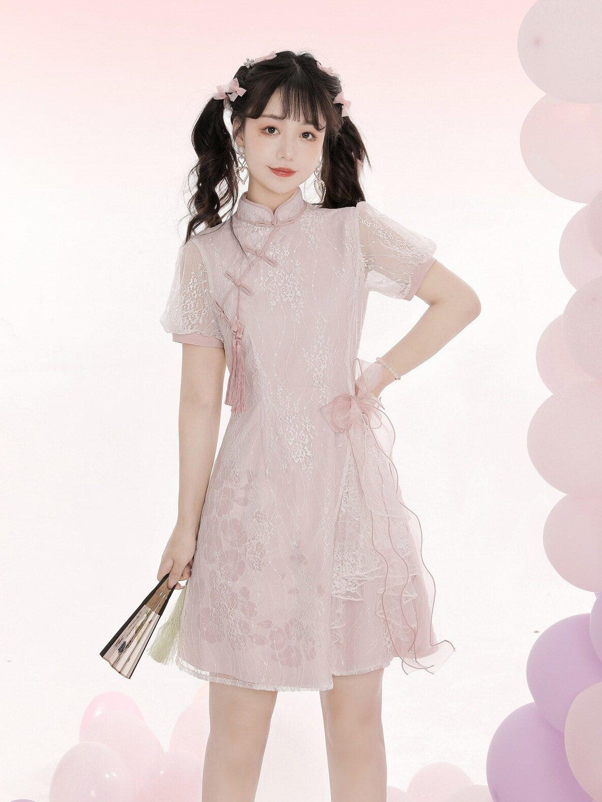 Jing Mu Pink Lace Bow Cross Collar Short Qipao Women's Triacetate Short Sleeve Op
