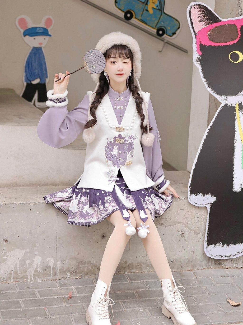 Jing Mu Plush Rabbit Hanfu Vest Ma Mian Skirt Women's Polyester Skirt Sets