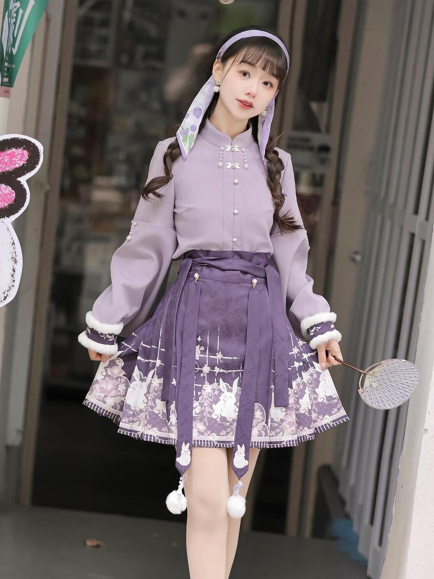 Jing Mu Plush Rabbit Hanfu Vest Ma Mian Skirt Women's Polyester Skirt Sets