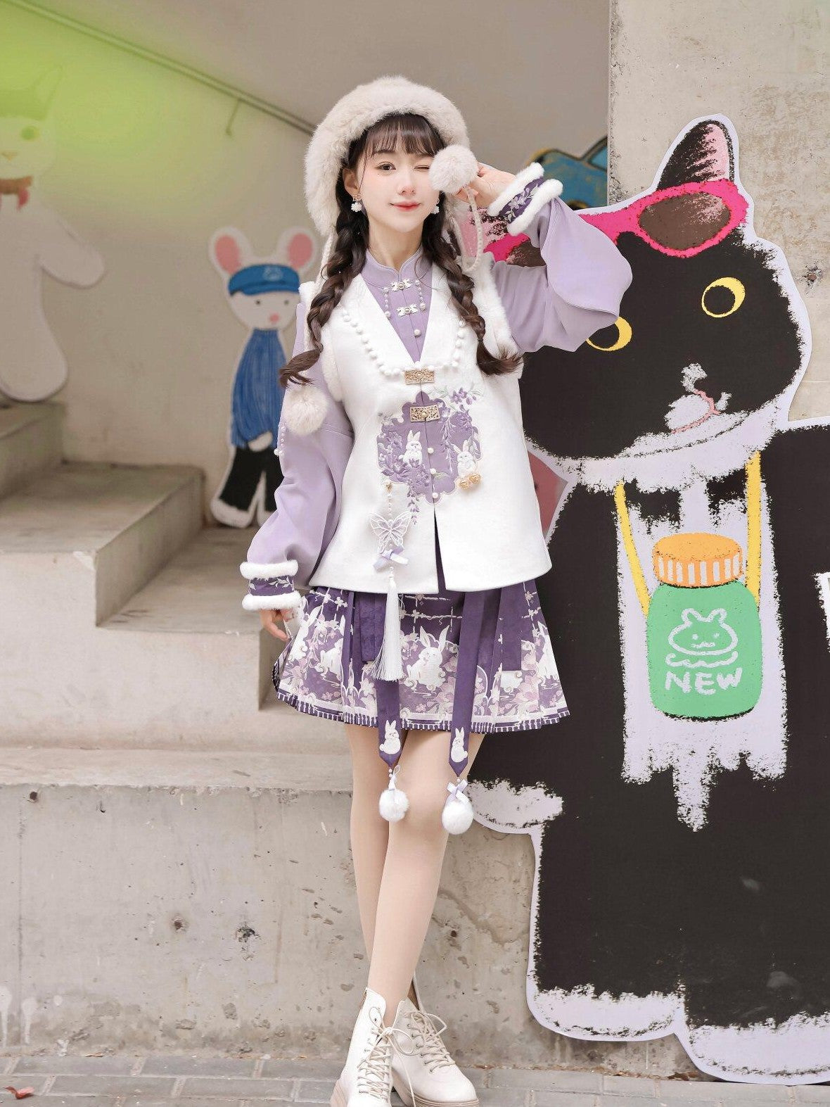 Jing Mu Plush Rabbit Hanfu Vest Ma Mian Skirt Women's Polyester Skirt Sets