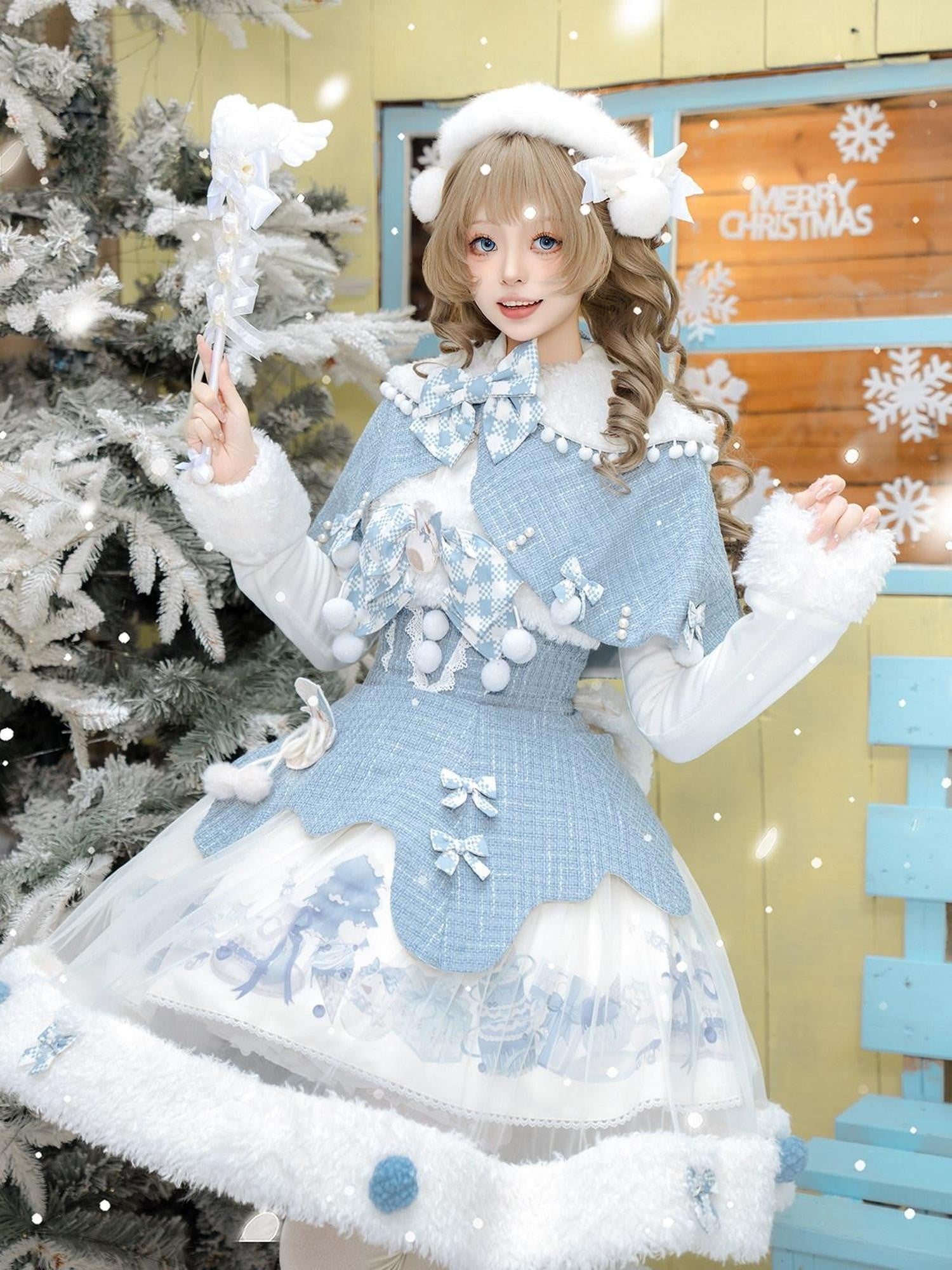Jing Mu Pompom Snowball Square Neck Puff Skirt Cape Women's Jsk Sets