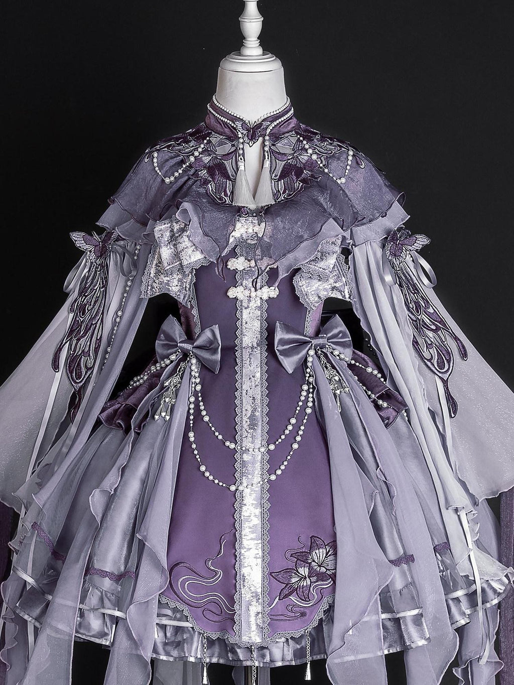 Jing Mu Purple Butterfly Chinese Lolita Puff Skirt Stand Collar Women's Long Sleeve Op