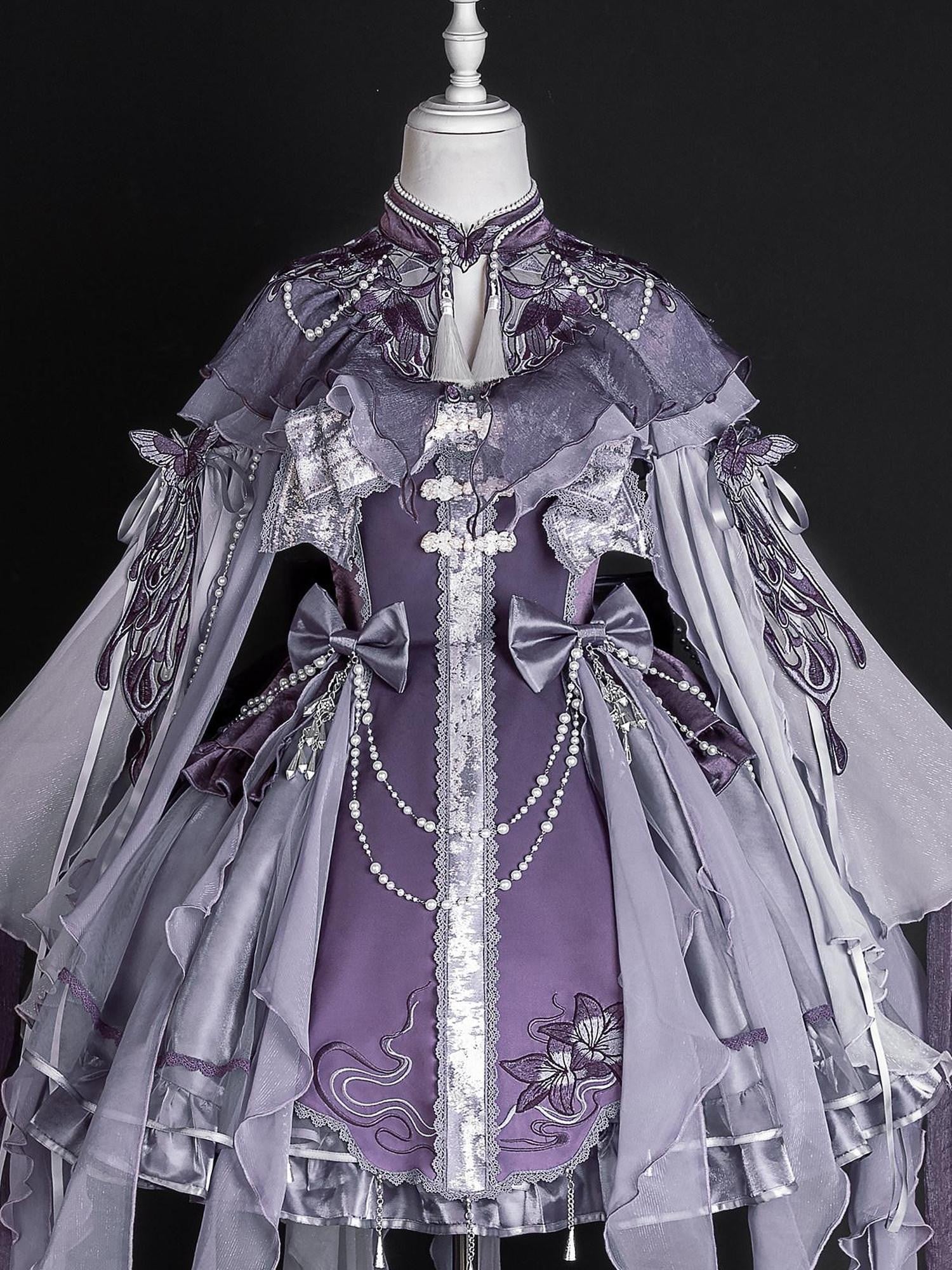 Jing Mu Purple Butterfly Chinese Lolita Puff Skirt Stand Collar Women's Long Sleeve Op