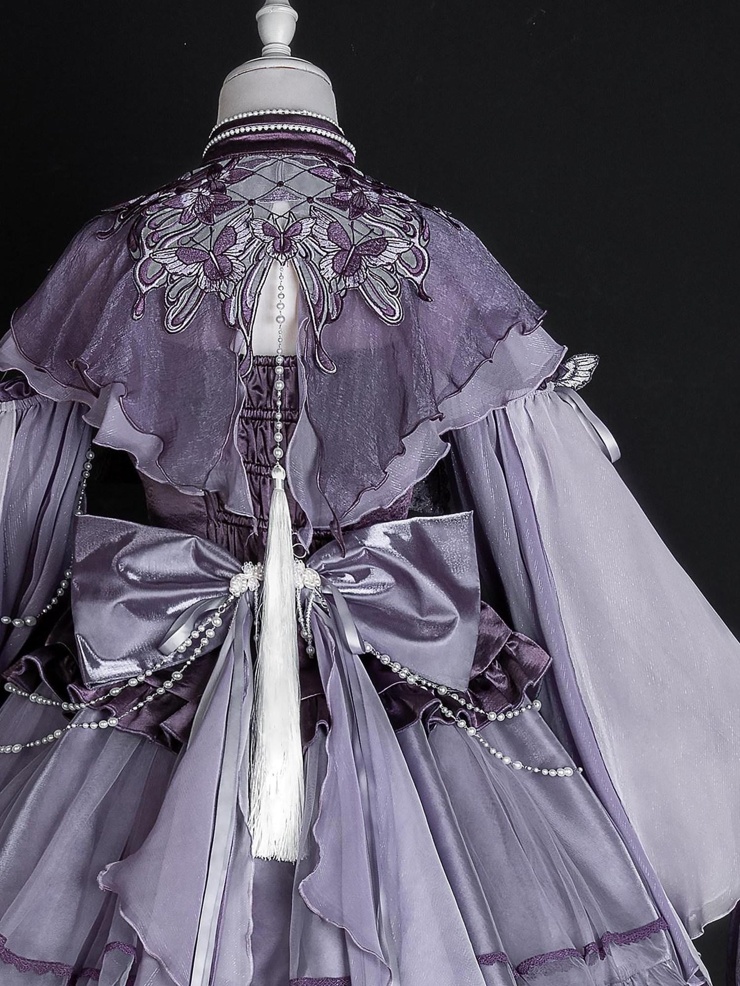 Jing Mu Purple Butterfly Chinese Lolita Puff Skirt Stand Collar Women's Long Sleeve Op