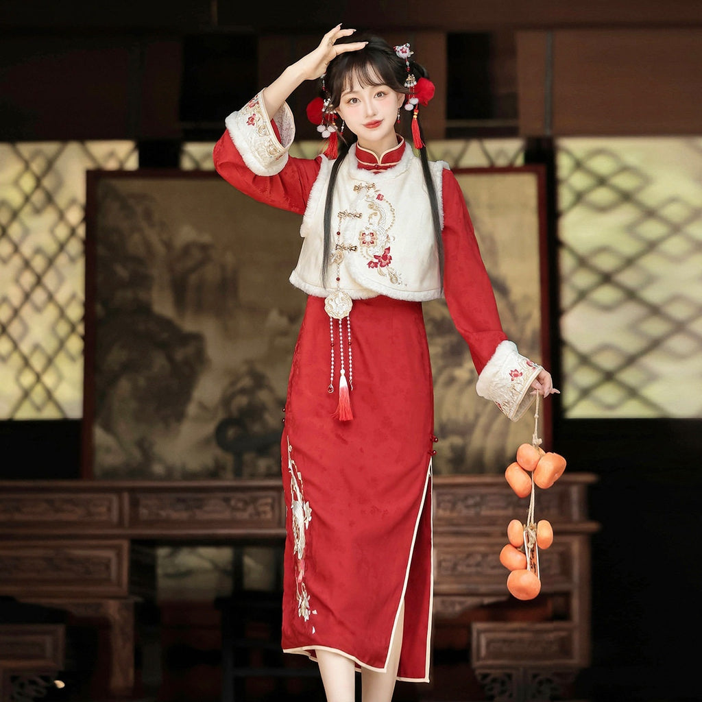 Jing_Mu_Red_Chinese_Asymmetric_Collar_Vest_High_Slit_Cheongsam_Women's_Polyester_Op_Sets_848542839797_MISSTT