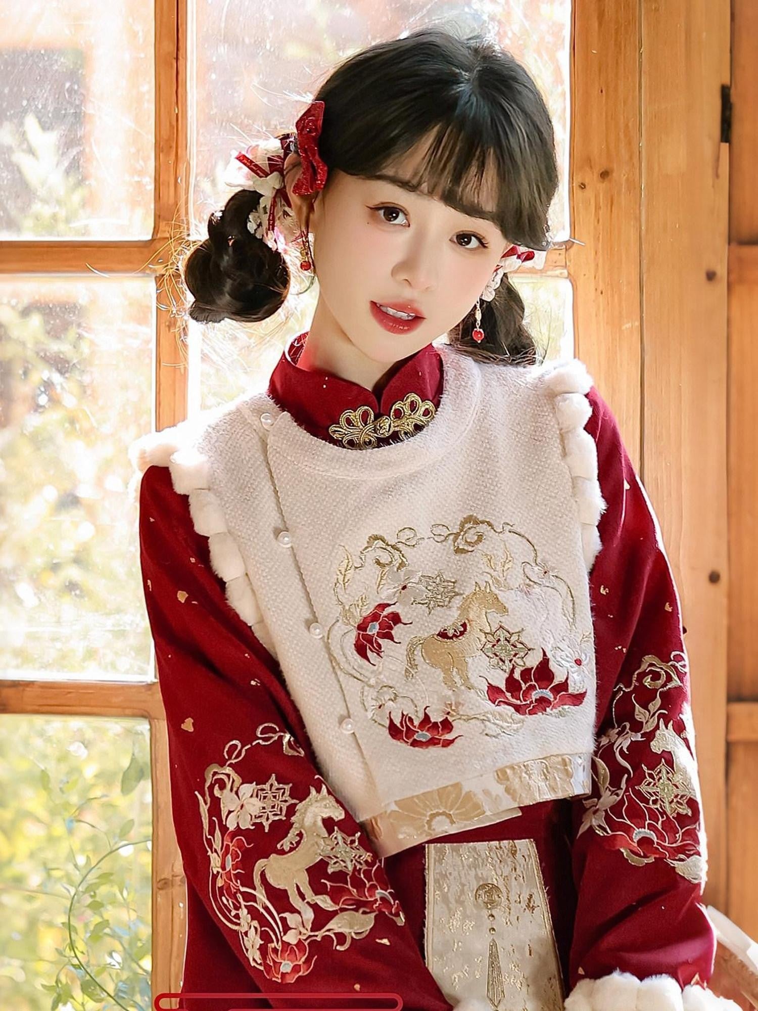 Jing Mu Red Chinese Lolita Horse Print Stand Collar Vest Petticoat Aline Women's Op Sets