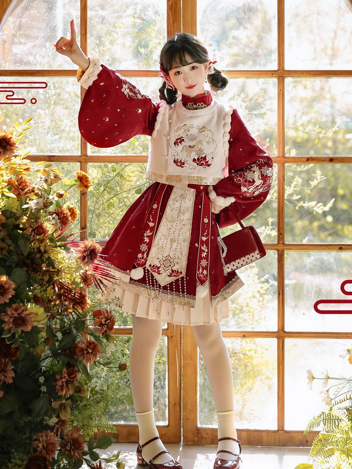 Jing Mu Red Chinese Lolita Horse Print Stand Collar Vest Petticoat Aline Women's Op Sets